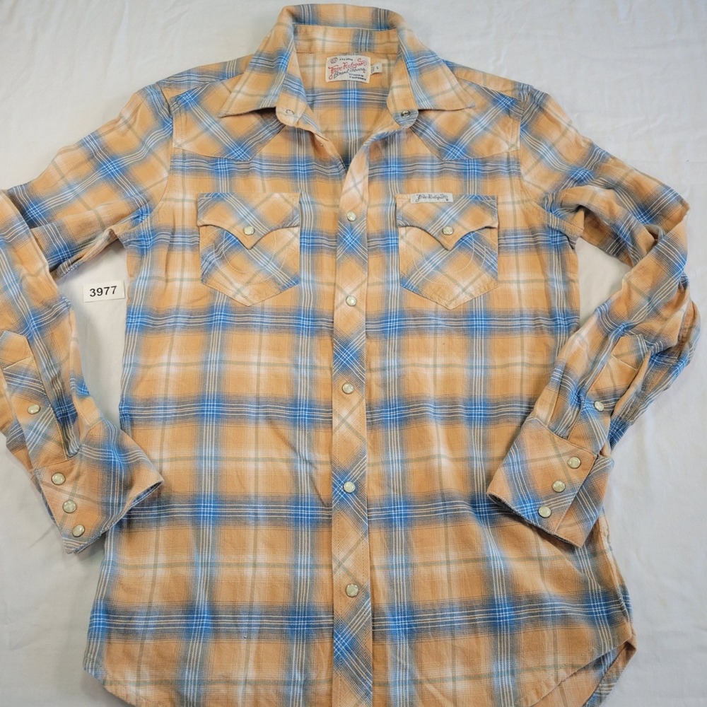 True Religion Flannel Plaid Snap Button Western Shirt Orange Blue Size S